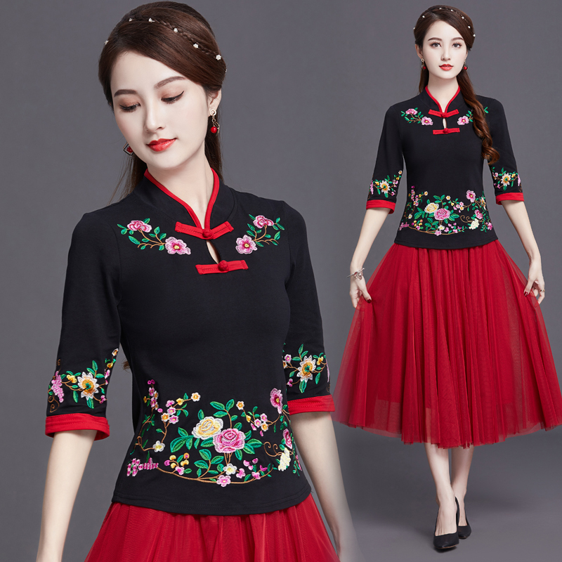 Ethnic Style Women's Top Embroidered Stand-Up Collar T-Shirt Retro Chinese Style Buttoned Three-Quarter Sleeve Cotton Plus Size Base Shirt for Women