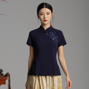 短袖民族风夏季棉麻改良旗袍唐装复古风上衣女