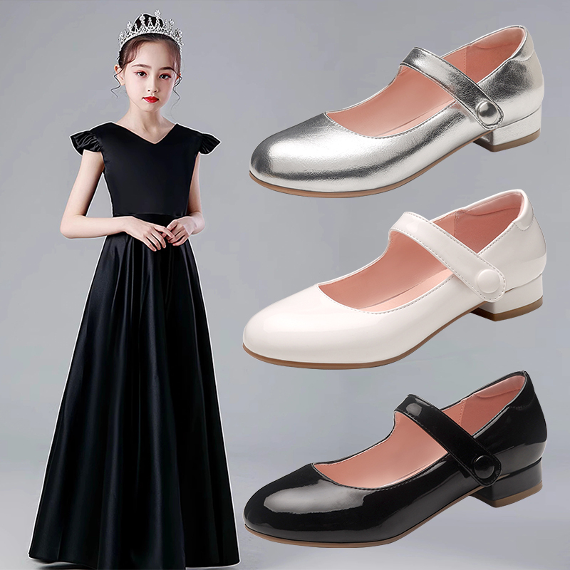 Girls' Black Leather Shoes 2026 Spring and Autumn New Style Silver Children's Performance Shoes High-Heeled Princess Shoes for Older Children