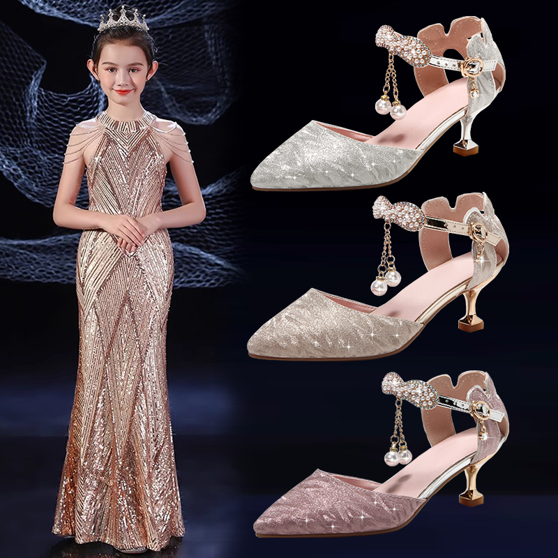 Crystal Shoes for Girls, High Heels, Princess Pointed Toe Stiletto Heels, Piano Performance Shoes, Catwalk Dress Shoes, Girls' Leather Shoes