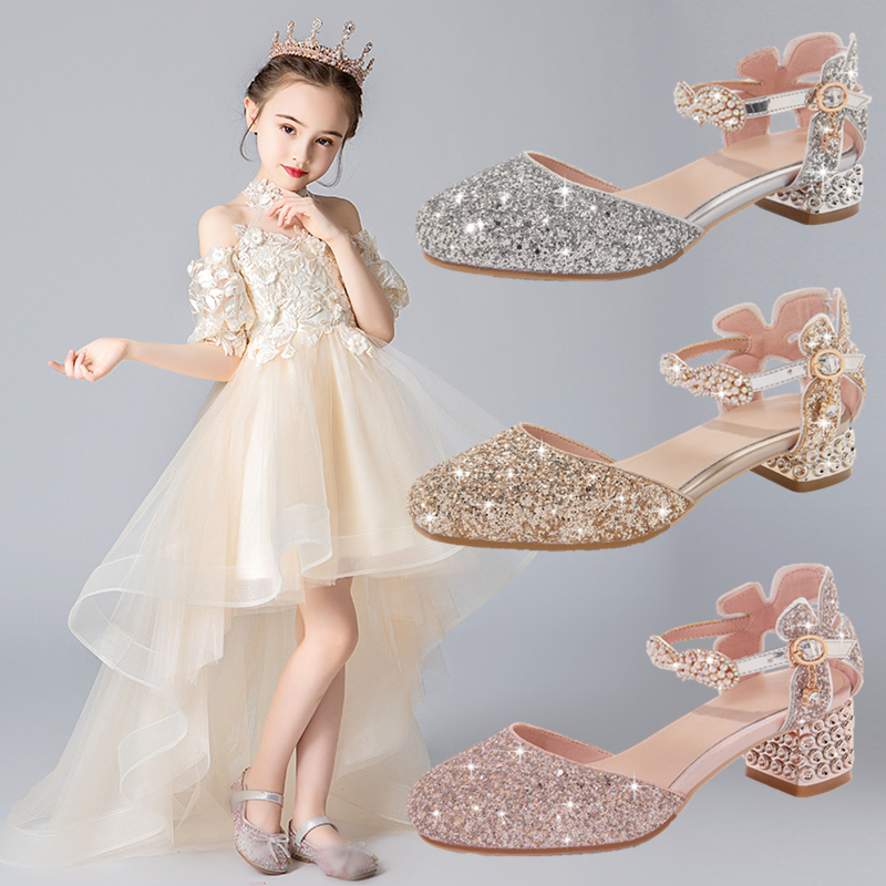 Girls' Sandals 2026 Summer New Fashion Children's High Heels Crystal Princess Shoes Closed-Toe Performance Shoes for Older Children