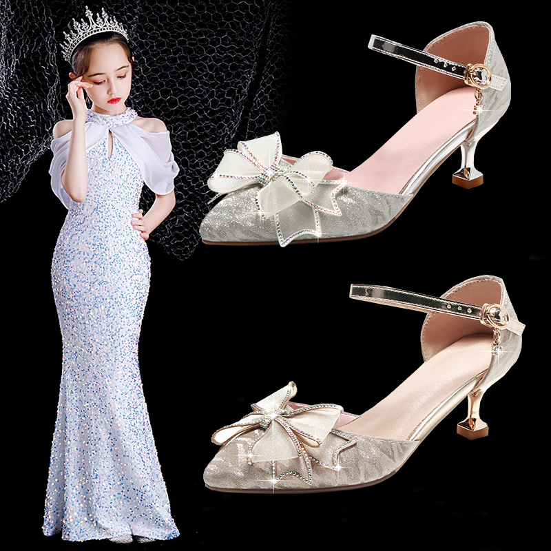 Crystal Shoes for Girls, High Heels, Spring and Autumn Flats, Pointed Toe Stiletto Heels, Dress Shoes, Catwalk Performance Leather Shoes, Girls' Princess Shoes