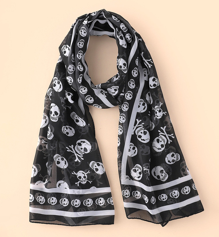 Chiffon Women's Scarf with Skull Print, Seaside Vacation Shawl, Printed Mid-Length Shawl, Beach Scarf, Fashionable Style