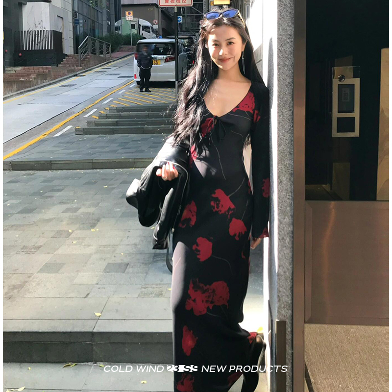 French Retro Dress for Women 2026 Spring & Fall New Style Black Floral Slim Fit Slimming Elegant Long-Sleeved V-Neck Long Skirt