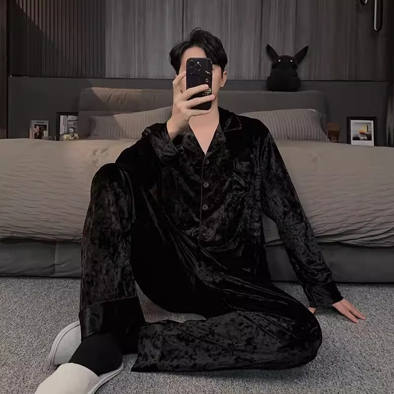 High-End Black Gold Velvet Pajamas for Men, Autumn and Winter Large Size Gold Velvet Men's Home Clothes, Spring and Autumn Style Set