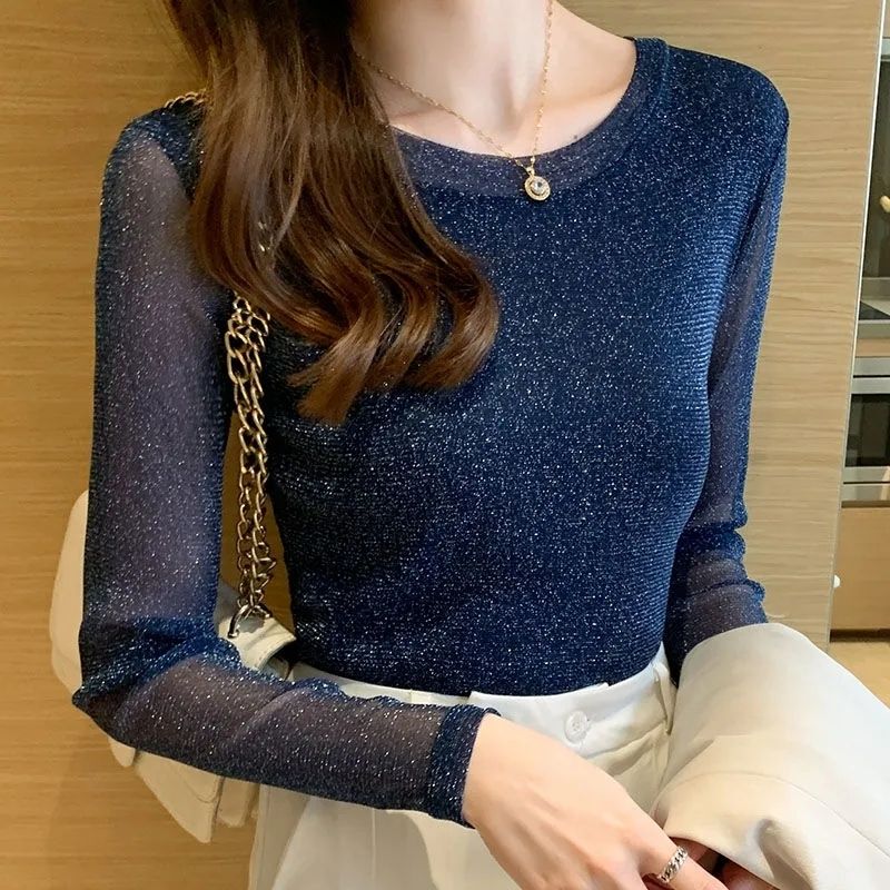Long-Sleeved Silver Thread Base Shirt with Shiny Threads, New Spring and Autumn Style, Black, Large Size, High Elasticity, Shiny, Slim-Fit, Slimming Top