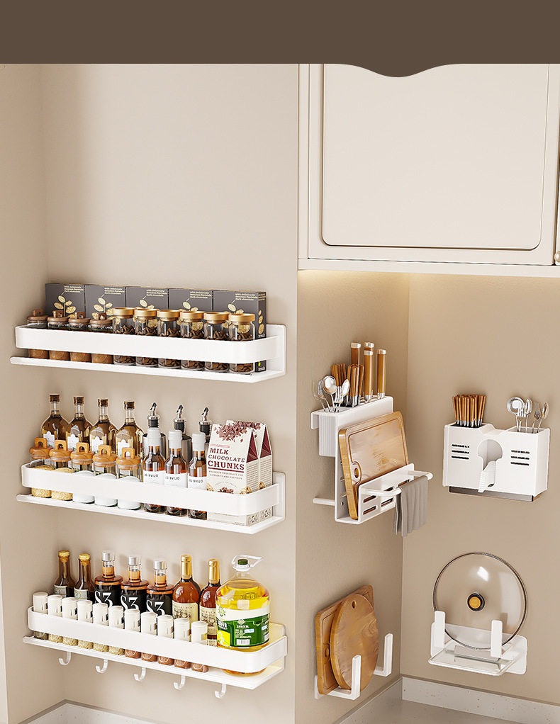 Специи стойки 轻奢奶白厨房调料置物架壁挂式免打孔油盐酱醋瓶罐碳钢收纳层架套装 No brand