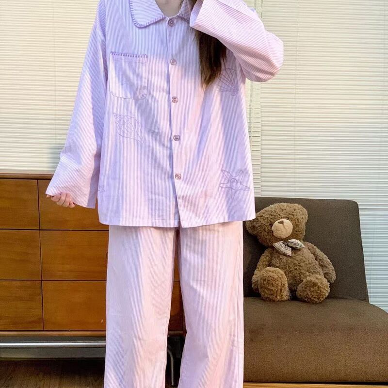 Gentle Style Purple Striped Pajamas for Women, Long-Sleeved 2026 New Spring, Autumn and Summer Cloud Cotton Silk Home Wear Set