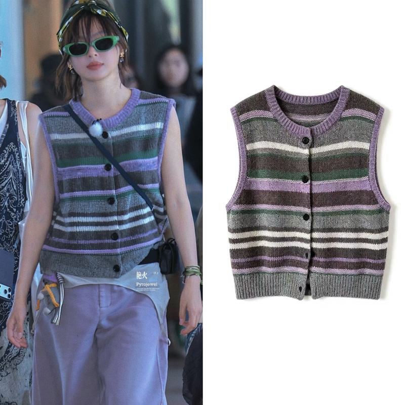 26Xiangye's Same Style as Xin Zhilei: Color-Blocked Striped Knit Vest Sweater, Short Jacquard Top 26Xiangye's Same Style as Xin Zhilei: Color-Blocked Striped Knit Vest Sweater, Short Jacquard Top