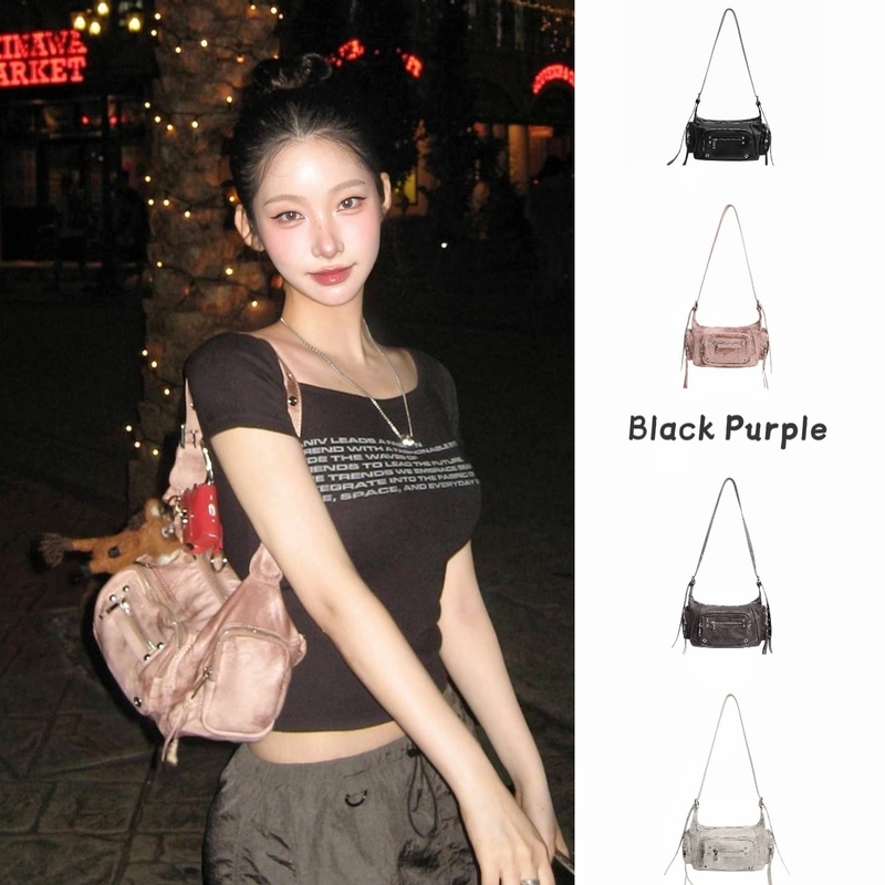 Korean Black Purple Retro Fashionable Hot Girl Biker Bag with Rivets, Multi-Pocket Handbag, Shoulder Bag, Crossbody Bag Korean Black Purple Retro Fashionable Hot Girl Biker Bag with Rivets, Multi-Pocket Handbag, Shoulder Bag, Crossbody Bag