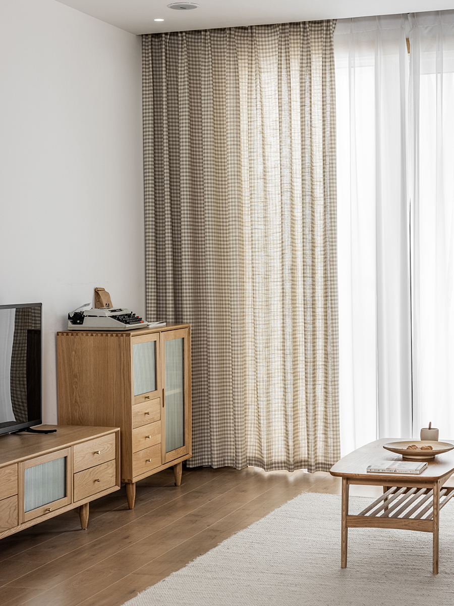 Japanese-style cotton and linen plaid curtain living room bedroom bay window Japanese pastoral small fresh log style linen blackout fabric