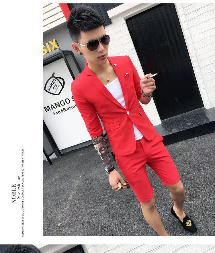 Bộ đồ vest nam mùa hè phiên bản Hàn Quốc của xu hướng tự tu luyện tay áo bảy điểm phù hợp với giới trẻ nước Anh quần chín điểm quần đũi nam