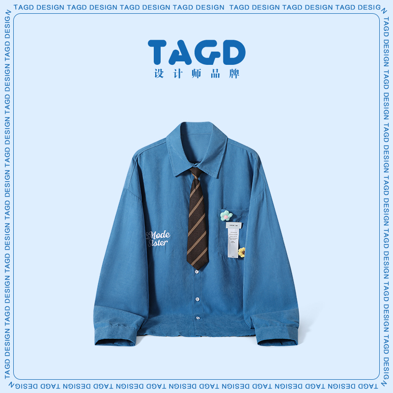 Blue Island Flower Embellished Tagd Designer Brand Vintage College Style Three-Dimensional Flower Tie Shirt for Men and Women Spring and Autumn
