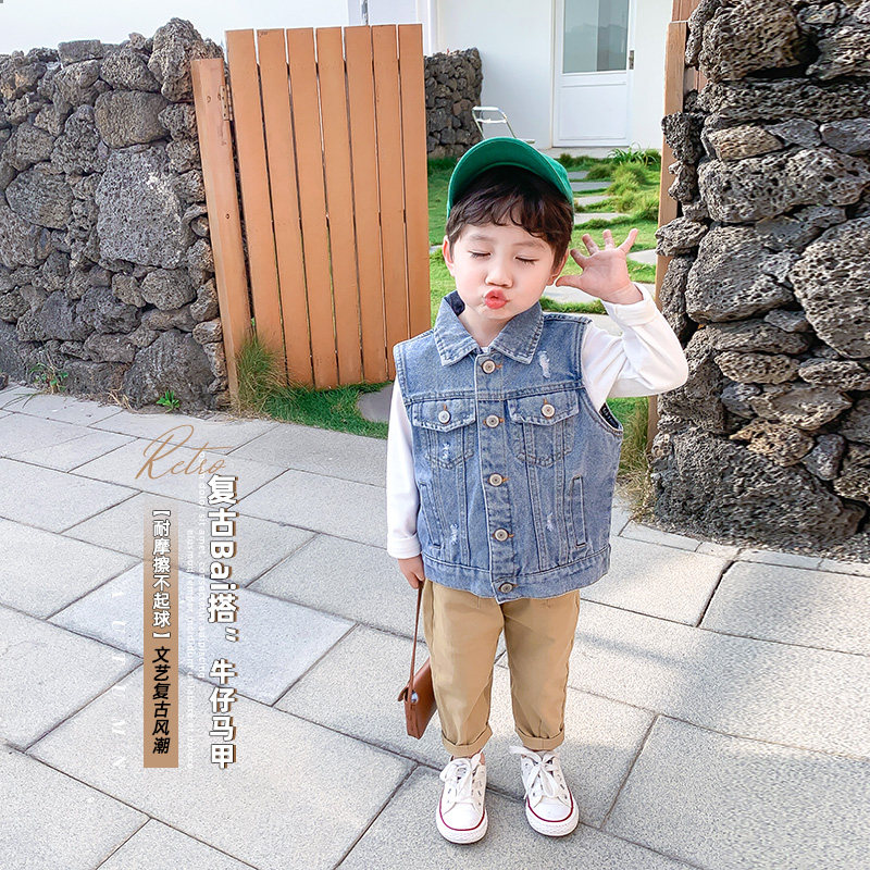 Children's Spring Clothing Boy Jean Machia Baby Jacket Mid-Boy Retro Denim Clothing Spring Fall Casual Blouse Tide