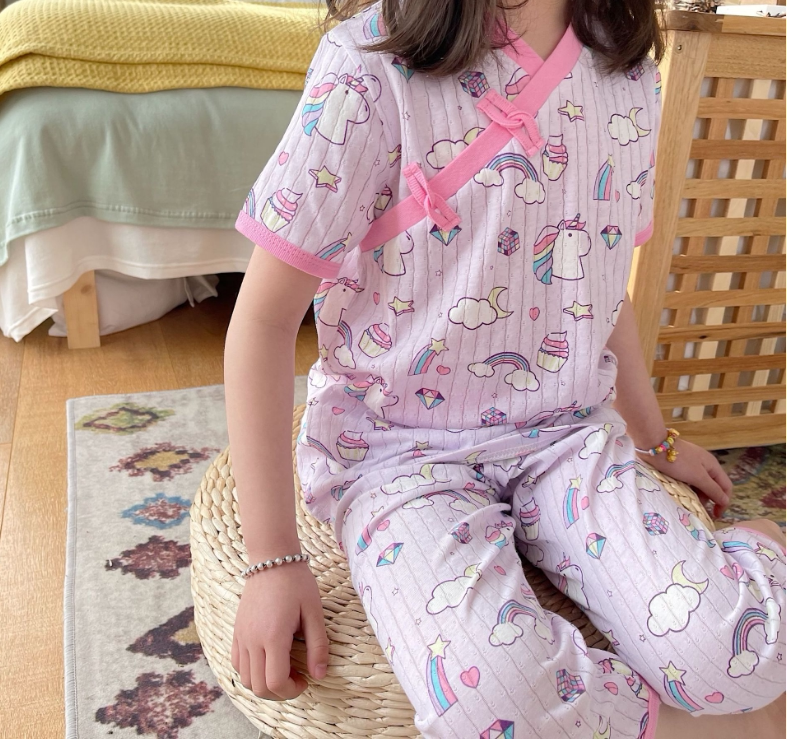 Summer Korean version of children's pajamas, home clothes, girls' three-quarter sleeve suit, high-waisted pants, thin section, baby girl's air-conditioning clothes