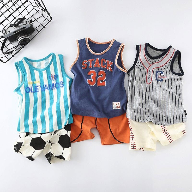 Summer new boy pure cotton vest suit handsome and sleeveless short sleeve T-shirt small CUHK child sports summer clothing thin