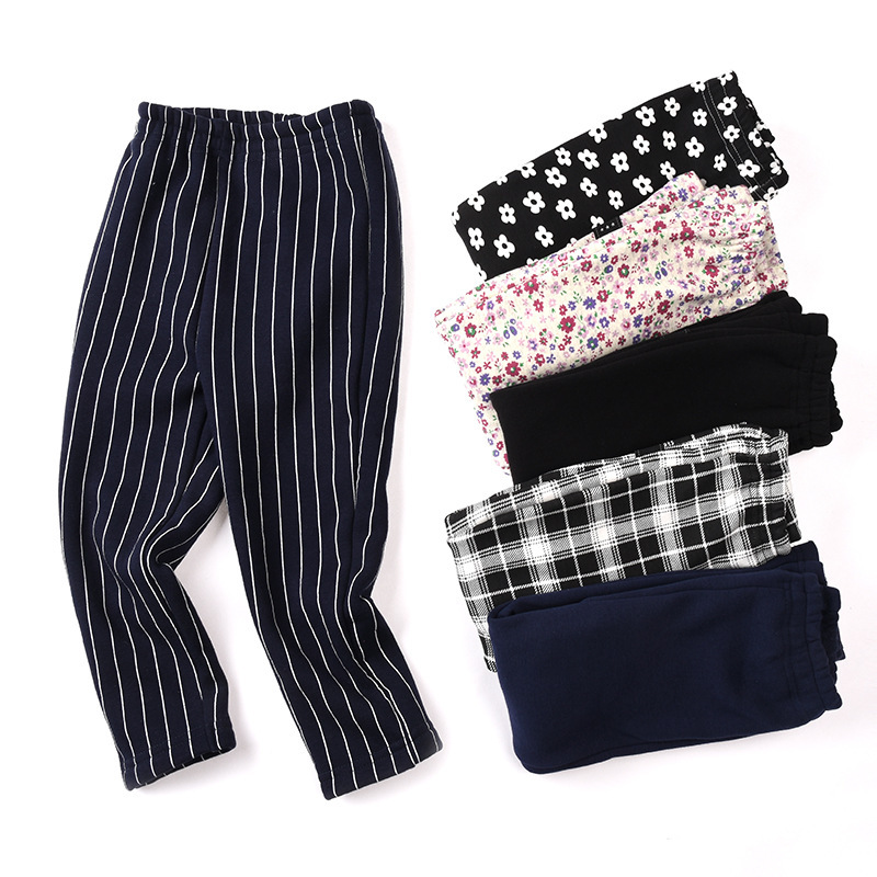Japanese foreign trade children's pants autumn and winter plus velvet girls warm striped casual trousers thickened black plaid three