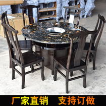 Marble solid wood round table combination Antique smoke-free hot pot shop special induction cooker table One-piece hotel custom round table