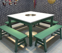 Solid wood hot pot table Marble induction cooker one-piece custom antique table and chair combination Solid wood square table Gas retro