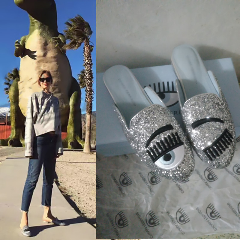 Baotou Half-Slippers for Women 2024 New Style Internet Celebrity Big-Eye Slippers with Sequins and Red Lips Round-Toe Mule Sandals