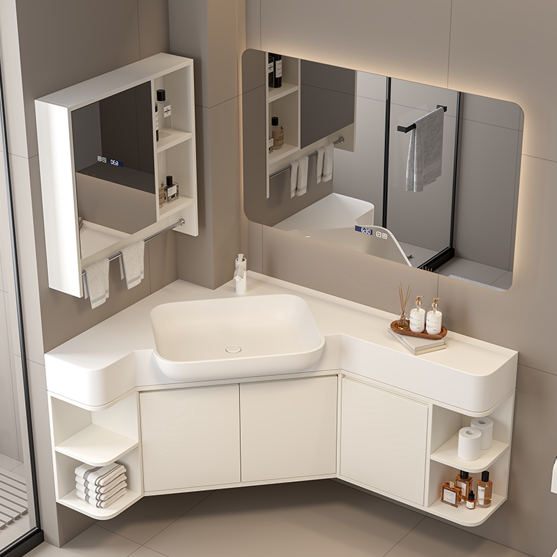 Small Bathroom Corner Vanity Cabinet with Corian Integrated Sink, Narrow Corner Washbasin Cabinet