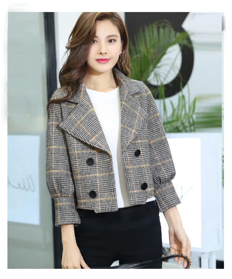 Gao Xuan set đồ len ngắn ngắn lông ngắn mùa thu khí chất thời trang kẻ sọc Hàn Quốc áo ngắn nữ áo cardigan nữ