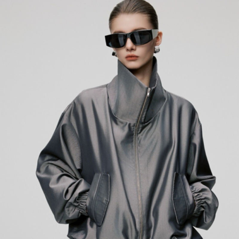 Silver Gray Silk Wool Small Stand-Up Collar Jacket Modern Sporty Fashion Silhouette Jacket Design Corawynn Usa