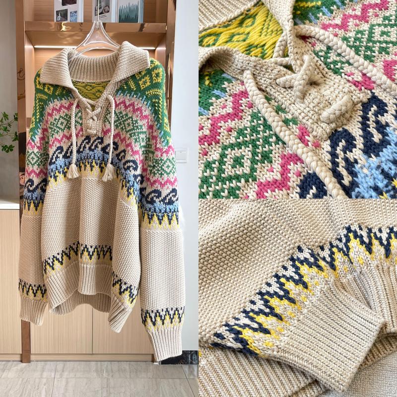R~High-Quality Fair Isle Jacquard Lace-Up Knit Sweater, Thick Sweater, Loose Fit, Vintage Women's Top 00808