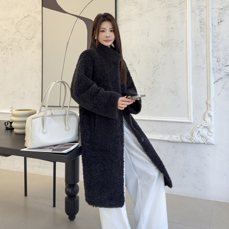 Satinluo Sheep Wool Stand Collar Mid-Length Over-The-Knee Lamb Fur Integrated Fur Coat Women's Shearling Coat