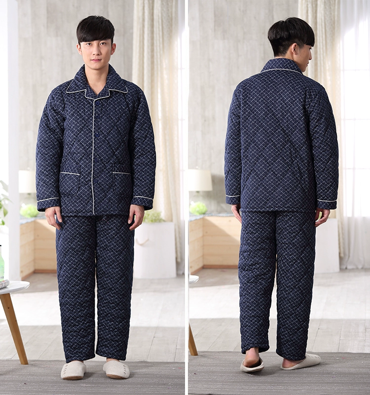 Mùa đông ba lớp dày cotton đồ ngủ bông nam dài tay cộng với nhung trung niên nam kích thước lớn kẻ sọc phục vụ nhà shop thời trang nam