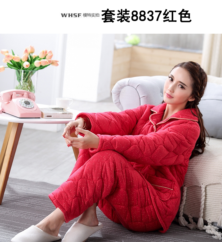 Bộ đồ ngủ bằng vải bông mùa đông cho nữ dài tay dày cotton cộng với cotton không khí có thể mặc bên ngoài mùa đông lửng phù hợp với dịch vụ gia đình đồ bộ thun lạnh