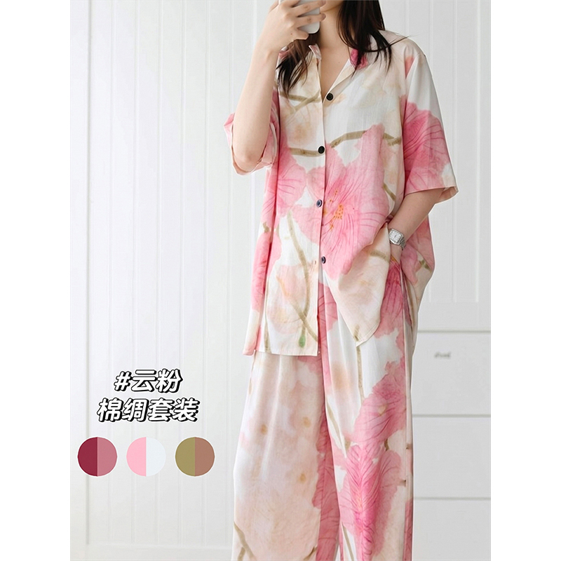 Light Luxury Contrasting Color Elegant Printed Cotton Silk Pajamas for Women, Summer Plus Size, Lazy Style, Short-Sleeved Long Pants Loungewear Set Light Luxury Contrasting Color Elegant Printed Cotton Silk Pajamas for Women, Summer Plus Size, Lazy Style, Short-Sleeved Long Pants Loungewear Set
