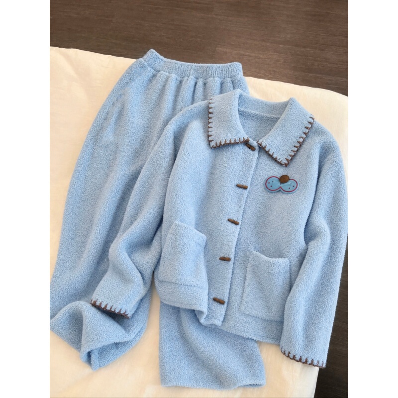 Sweet Korean-Style Milk Blue Warm Half-Velvet Pajamas for Women 2026 Winter New Thickened Knitted Home Wear Two-Piece Set