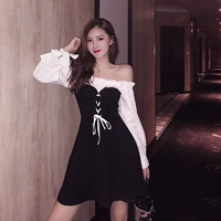 Phiên bản hàn quốc mùa thu mới khí chất từ ​​cổ áo quây nữ váy dài tay trong phần dài khảm váy nữ thủy triều 	váy dây buộc eo