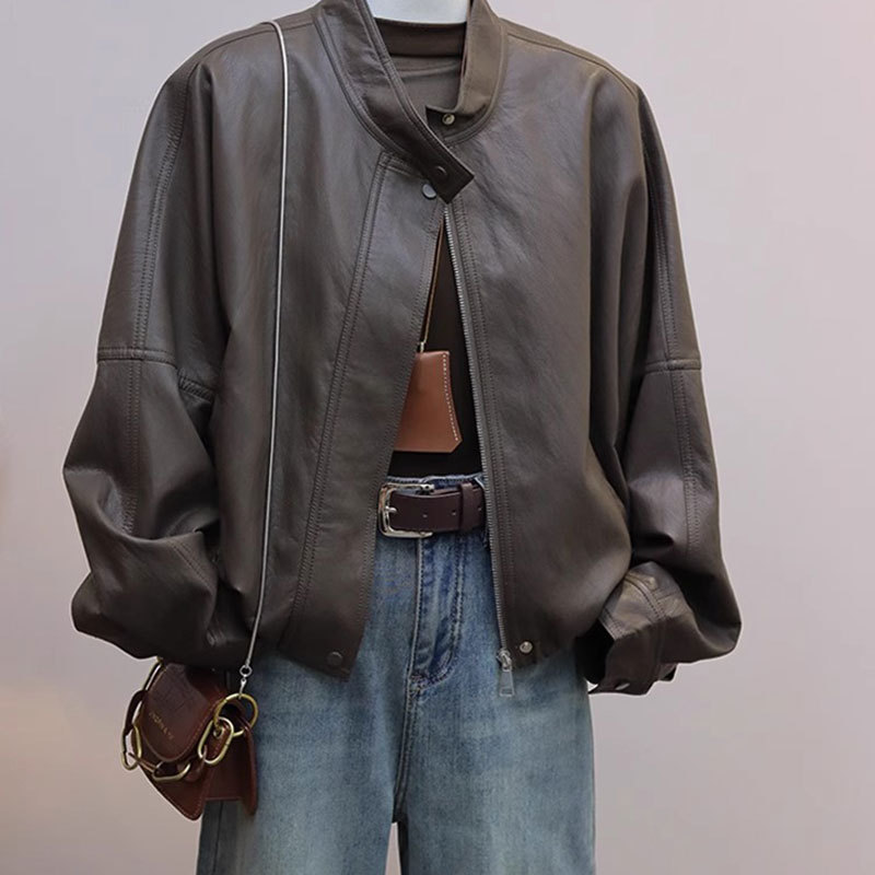 Coffee-Colored Short Leather Jacket for Women, 2025 Autumn New Vintage Style Loose Pu Leather Stand-Collar Biker Jacket