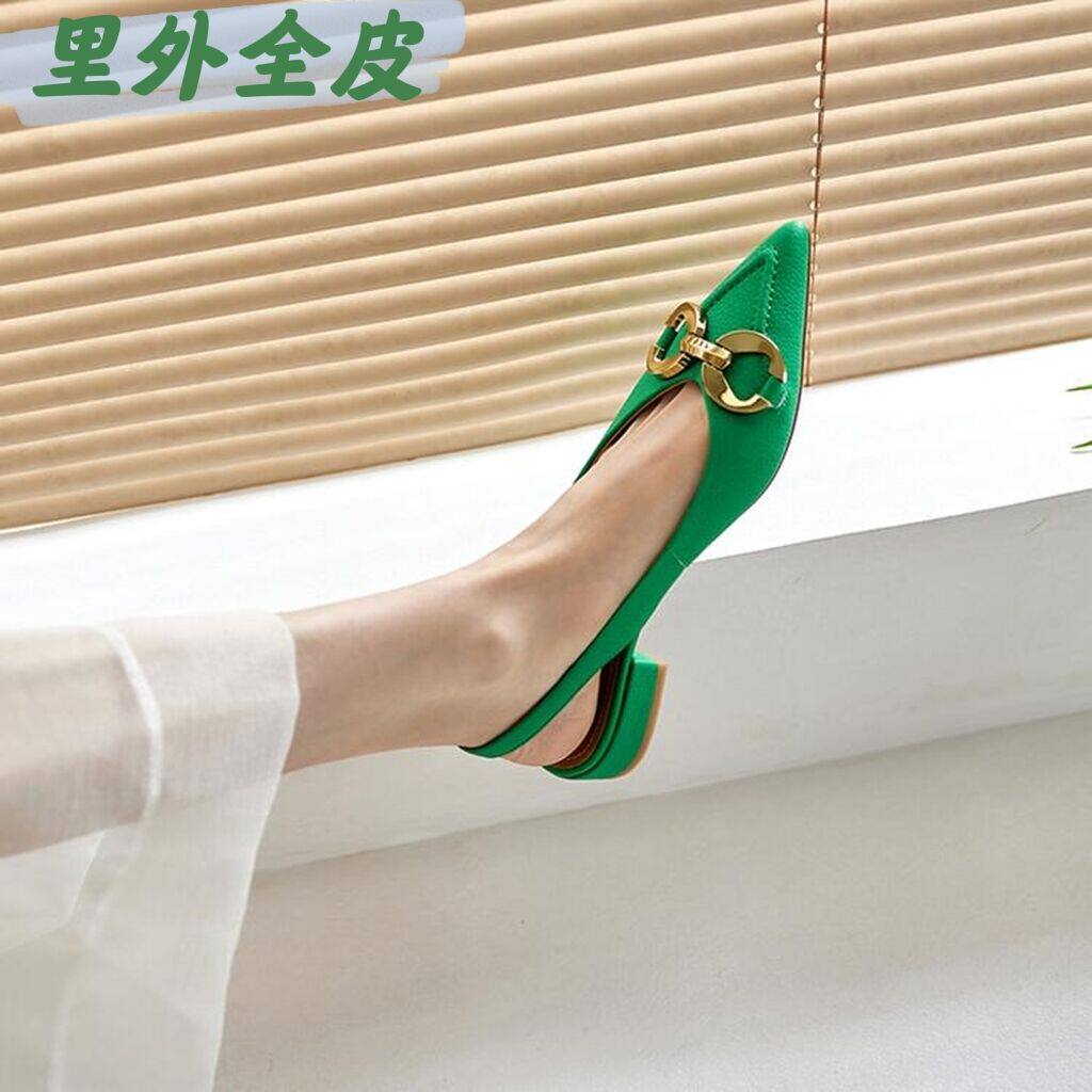 2022 new green Baotou sandals women's low-heeled leather all-match metal buckle pointed toe empty single shoes net red super hot