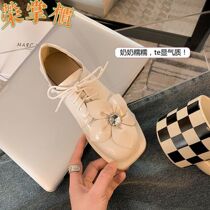 Large flower lace-up shoes womens square head thick heel retro small leather shoes 2022 new loafer shoes small fragrance leather