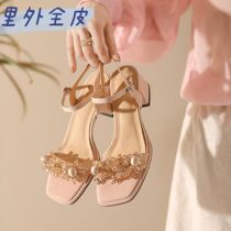 Net red sandals female cherry blossom pink high heels flower leather French summer fairy wind open toe super fire beads