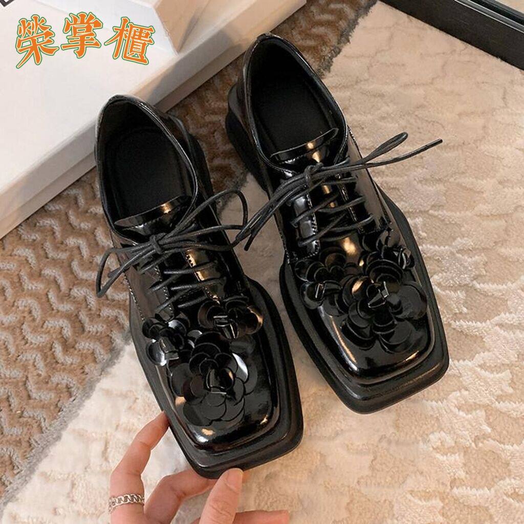 2022 new spring square toe lace-up flower thick-soled British style leather shoes jk loafers thick heel small fragrant style genuine leather