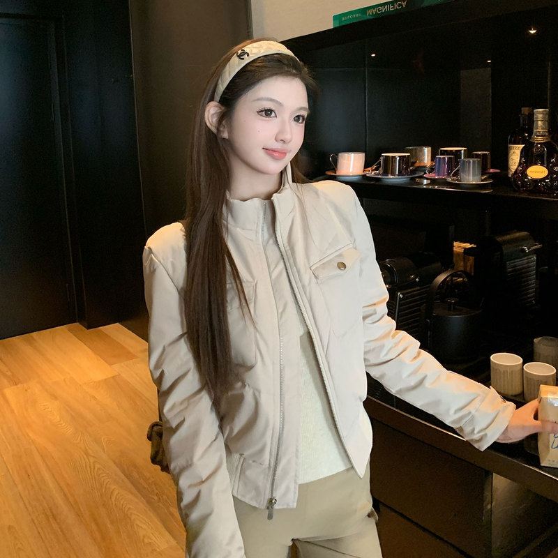 Khaki Short Stand-Up Collar White Duck down Lightweight down Jacket for Women, Winter Petite Waist-Cinching Bomber Jacket Coat