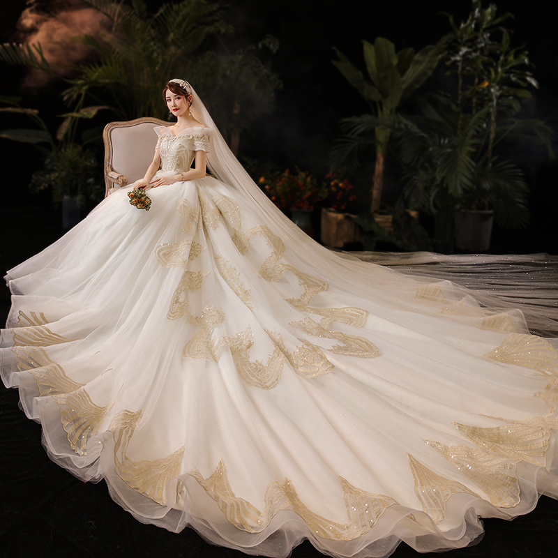 Word shoulder wedding dress 2021 new temperament bride tail super fairy dream high-end luxury starry sky pregnant woman small man