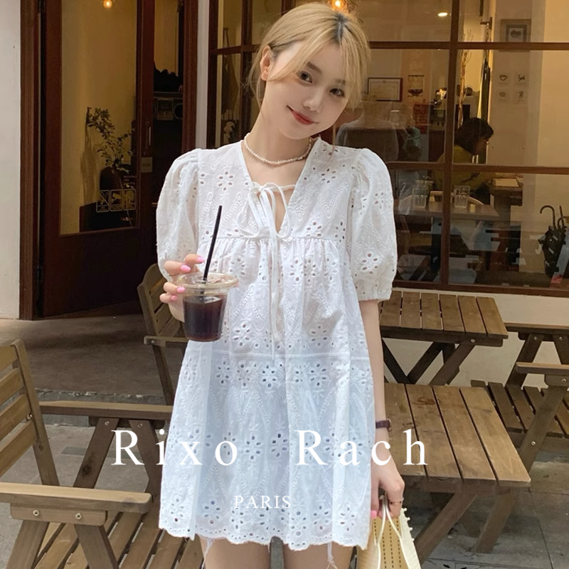 Rixo Rach French Lace Tie-Up Dress with V-Neck, Short Sleeves, Designer Babydoll Style, Petite Short Skirt for Women