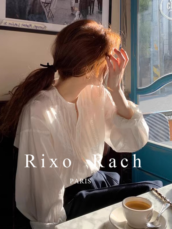 Rixo Rach French-Style White Lace Puff Sleeve Shirt for Women, Summer Design, Niche Long-Sleeve Sun Protection Shirt