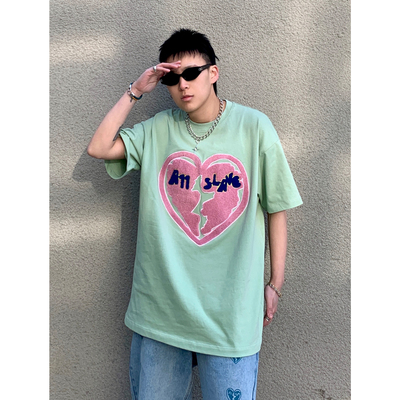 A11SLAVE爱心碎字母毛巾绣短袖圆领2021夏新款情侣国潮牌tshirt恤