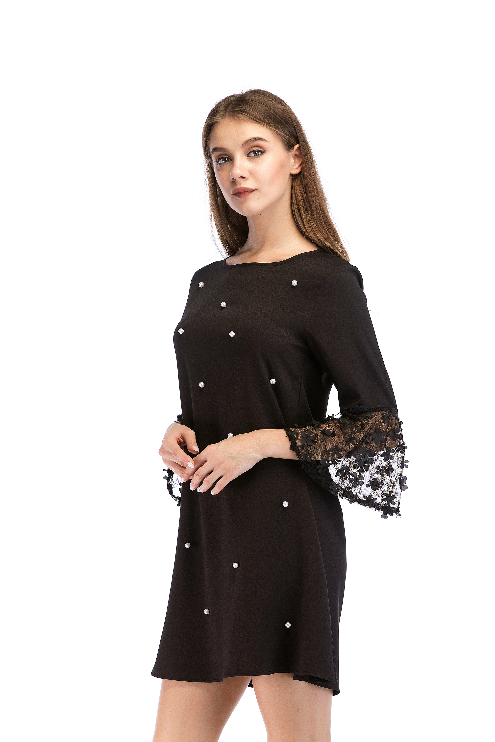 Ali mô hình thực sự bắn AliExpress vòng cổ khâu ren đính cườm Một từ ăn mặc 8909 tại chỗ váy suông chữ a