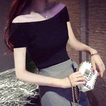 Counter 2021 new shoulder-exposed cotton T-shirt female Korean version of solid color short sleeve slim bottoming shirt collar coat summer