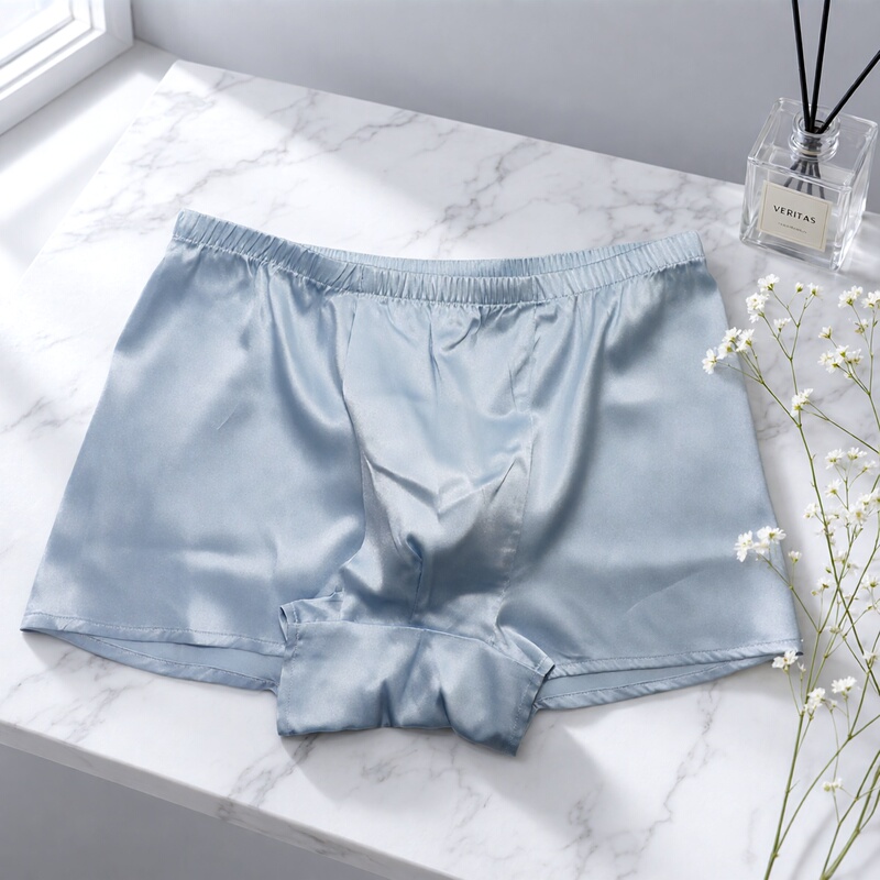 Men's Seamless Silk Stretch Satin Boxer Briefs, Reversible, Loose and Breathable, Handmade from Mulberry Silk