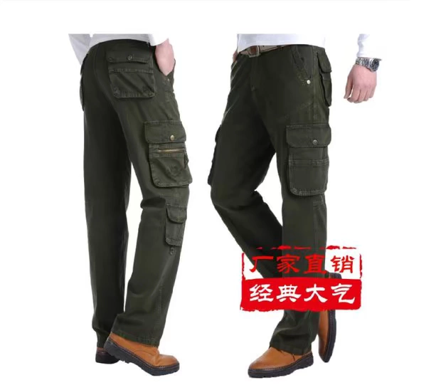 Quần yếm nam ngoài trời Multi-Pocket Straight Slim Cotton Casual Loose Quần cỡ lớn Khuyến mãi quần thun nam