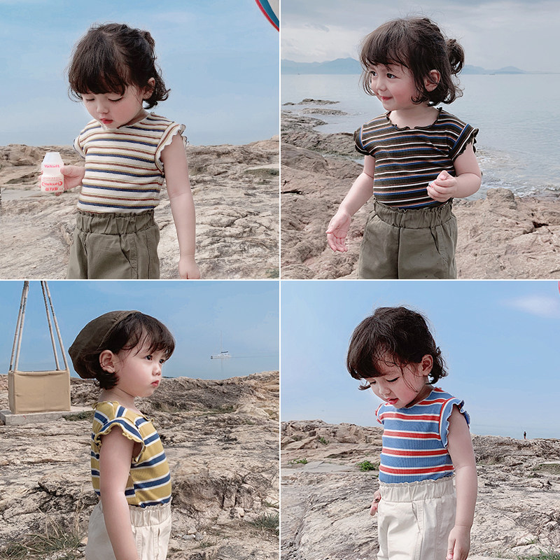 Young Yo-yo Girl Vest Pure Cotton Summer Clothing Baby Sleeveless Hitch Newborn Harness Summer Striped Child small T-shirt