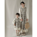 Ретро платье, демисезонная детская милая длинная юбка, семейный стиль, цветочный принт